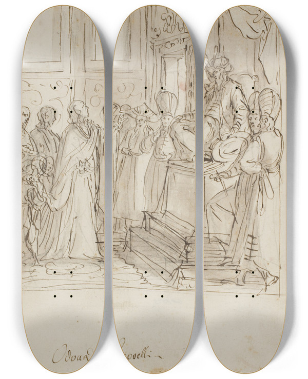 Triptych art skateboard deck of Antonio Aliense En Ambassadr For Barbarigofamilien Modtages I Audiens Af En Orientalsk Hersker by Antonio Aliense