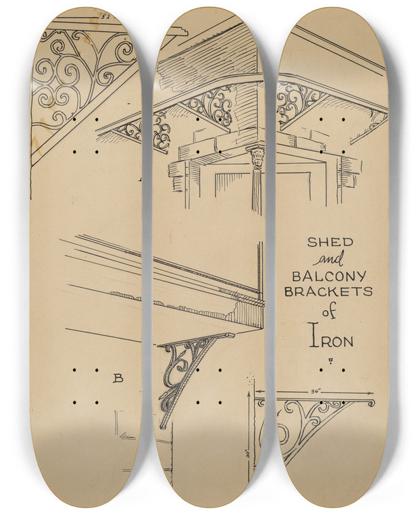 Triptych art skateboard deck of Al Curry Wrought Iron Brackets by Al Curry (20-)