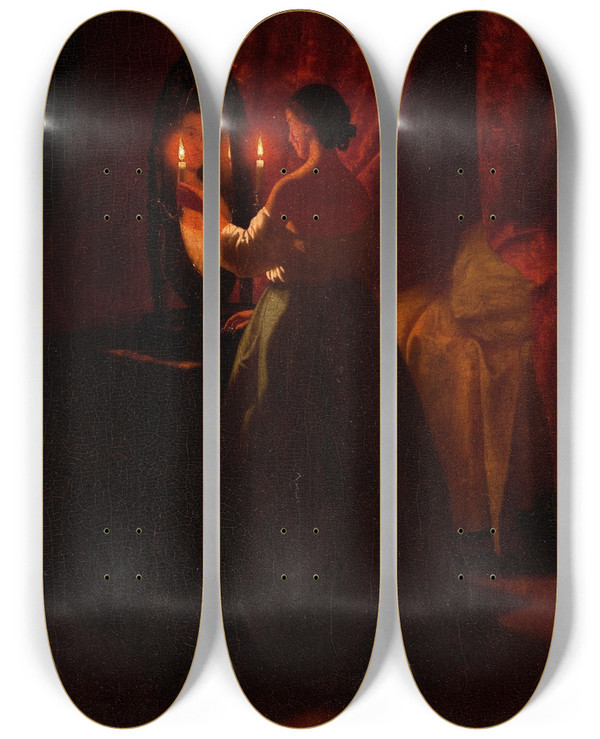 Triptych art skateboard deck of Johann Mongels Culverhouse Woman At A Mirror by Johann Mongels Culverhouse (1820-1895)