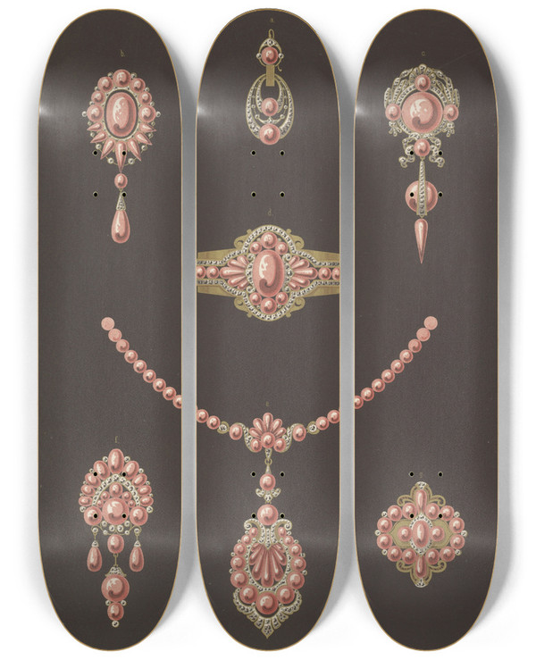 Triptych art skateboard deck of Martin Gerlach Seven Designs For Jewelry Including Bracelets Earrings And Necklace With Pink Pearls by Martin Gerlach (1846-1918)