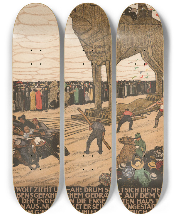 Triptych art skateboard deck of Burkhard Mangold Der Wolf Zieht Um by Burkhard Mangold (1873-1950)