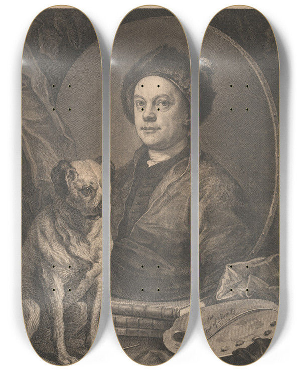 Triptych art skateboard deck of William Hogarth Selfportrait_2 by William Hogarth (1697-1764)