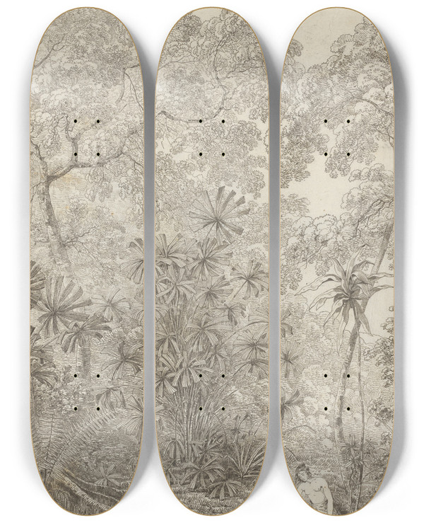 Triptych art skateboard deck of John Webber The Fan Palm Of Cracatoa by John Webber (1751-1793)