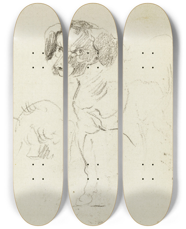 Triptych art skateboard deck of Jeanbaptiste Carpeaux Etude De Chien by Jean-Baptiste Carpeaux (1827-1875)