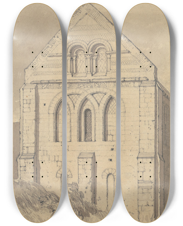 Triptych art skateboard deck of John Sell Cotman Church Of Graville Near Havre De Grace Normandy End Of The North Transept by John Sell Cotman (1782-1842)