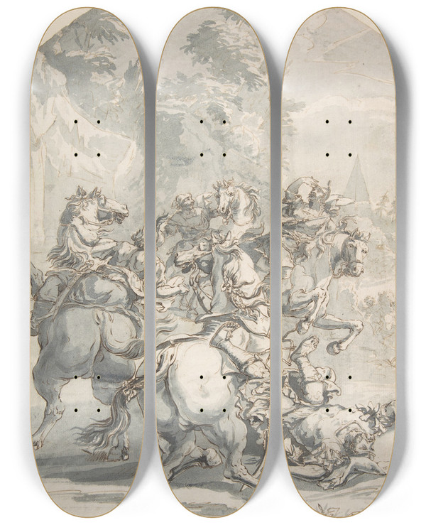 Triptych art skateboard deck of Francesco Monti Cavalry Engagement by Francesco Monti (1685-1768)