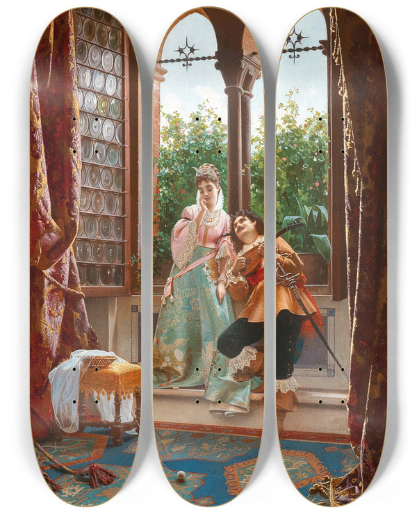 Triptych art skateboard deck of Alfonso Savini A Serenade by Alfonso Savini (1836-1908)