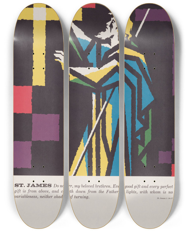 Triptych art skateboard deck of Joseph Binder St James by Joseph Binder (1898-1972)