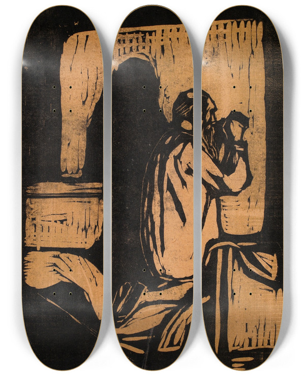 Triptych art skateboard deck of Edvard Munch Old Man Praying by Edvard Munch (1863-1944)