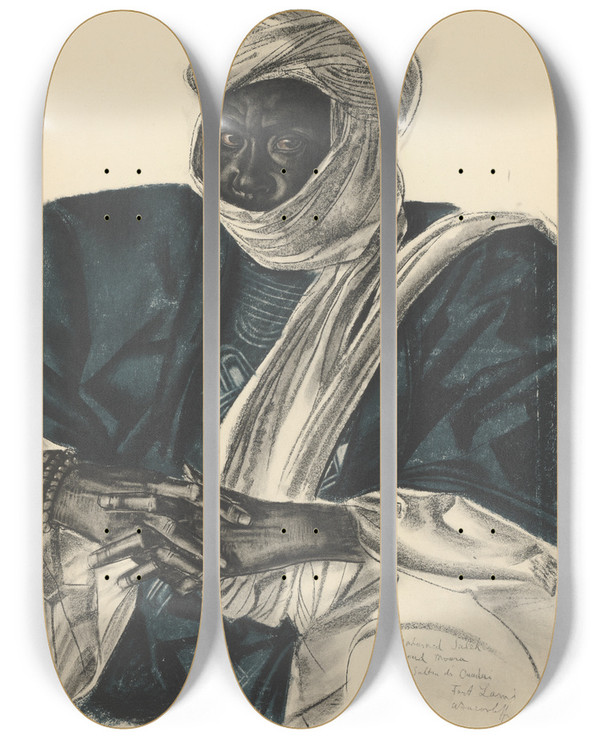 Triptych art skateboard deck of Alexandre Jacovleff Dessins Et Peintures Dafrique Pl 11 by Alexandre Jacovleff (1887-1938)