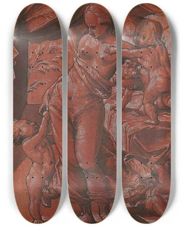 Triptych art skateboard deck of Christoph Murer Caritas Mit Vier Spielenden Kindern by Christoph Murer (1558-1614)