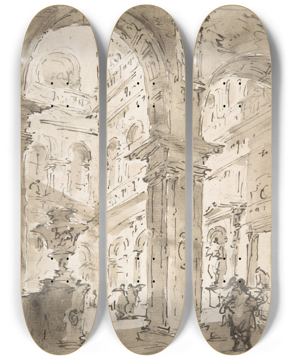 Triptych art skateboard deck of Francesco Guardi Architectural Capriccio Courtyard Of A Palace_2 by Francesco Guardi (1712-1793)