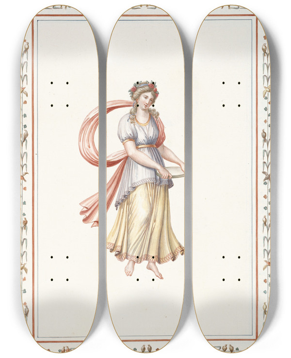 Triptych art skateboard deck of Pierrejean Mariette Young Woman Holding Platter by Pierre-Jean Mariette (1694-1774)