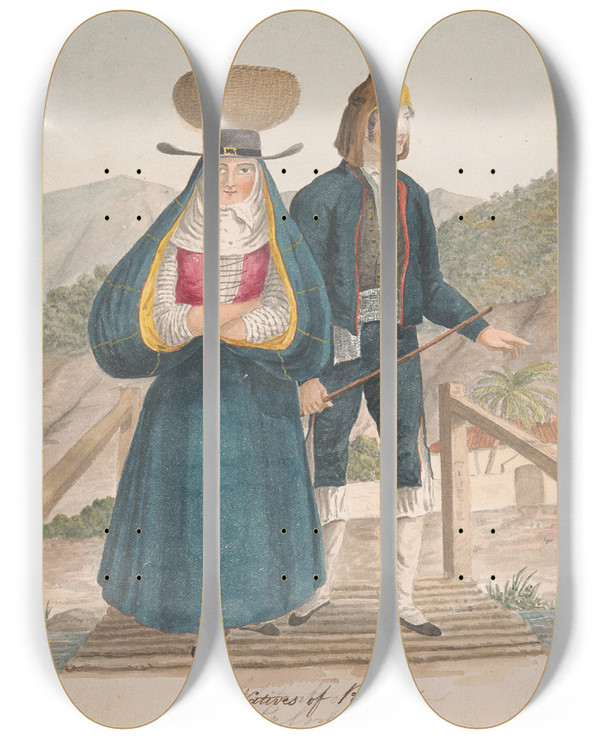 Triptych art skateboard deck of Alfred Diston Natives Of La Palma by Alfred Diston (1793-1861)