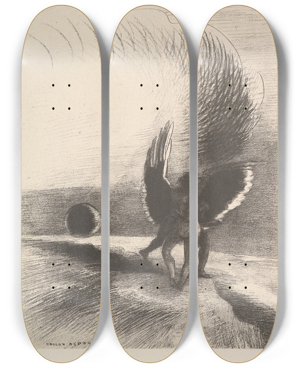 Triptych art skateboard deck of Odilon Redon In The Shadow Of The Wing The Black Creature Bit by Odilon Redon (1840-1916)