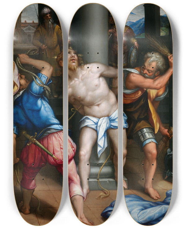 Triptych art skateboard deck of Denys Calvaert Christ At The Column by Denys Calvaert (1540-1619)