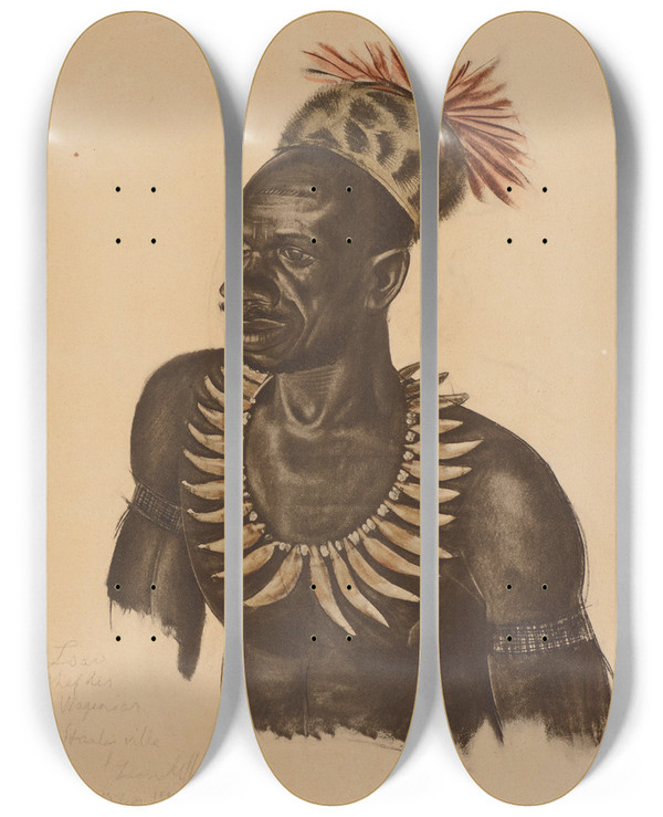 Triptych art skateboard deck of Alexandre Jacovleff Louacho Chef Wagenia Stanleyville by Alexandre Jacovleff (1887-1938)