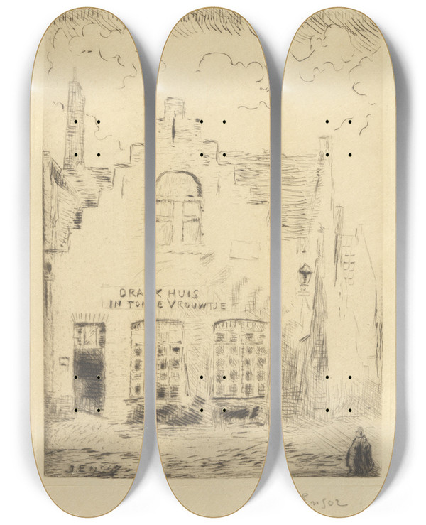 Triptych art skateboard deck of James Ensor De Schaduw Op Het Huis by James Ensor (1860-1949)