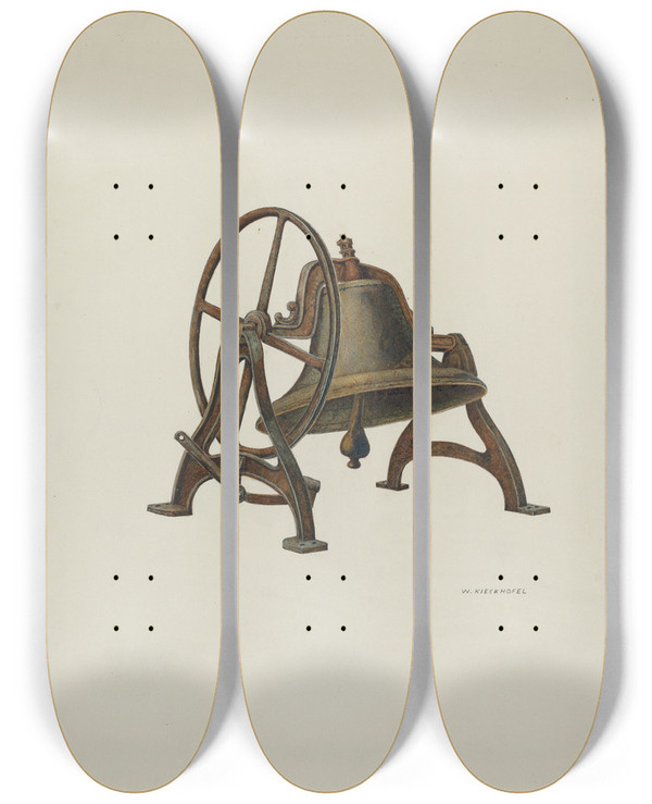 Triptych art skateboard deck of William Kieckhofel Elementary School Bell by William Kieckhofel (20-)