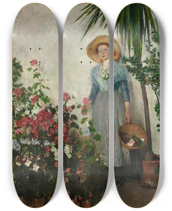 Triptych art skateboard deck of Olga Boznanska In The Orangery by Olga Boznanska (1865-1940)