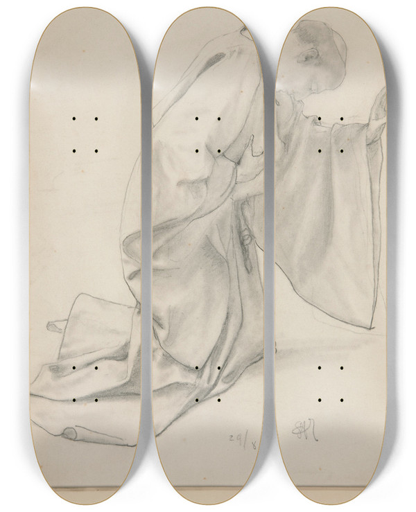Triptych art skateboard deck of Alfred Parsons Monkkneeling by Alfred Parsons (1847-1920)