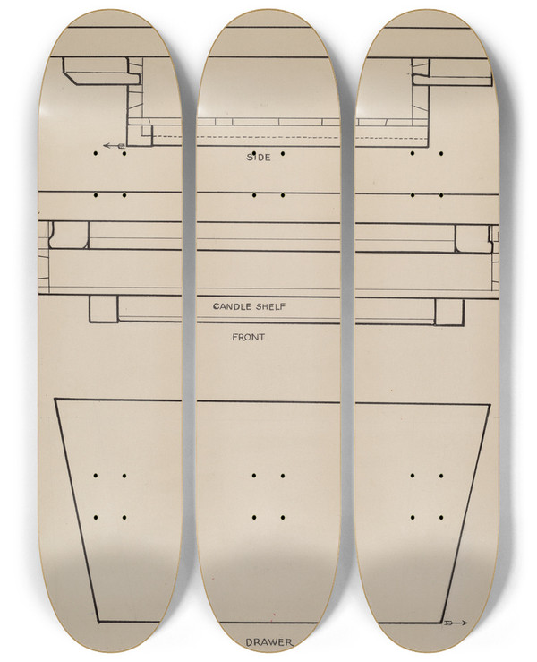 Triptych art skateboard deck of Rolland Livingstone Writing Arm Chair by Rolland Livingstone