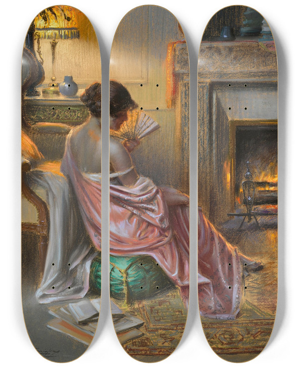 Triptych art skateboard deck of Delphin Enjolras Femme Lventail by Delphin Enjolras (1857-1945)