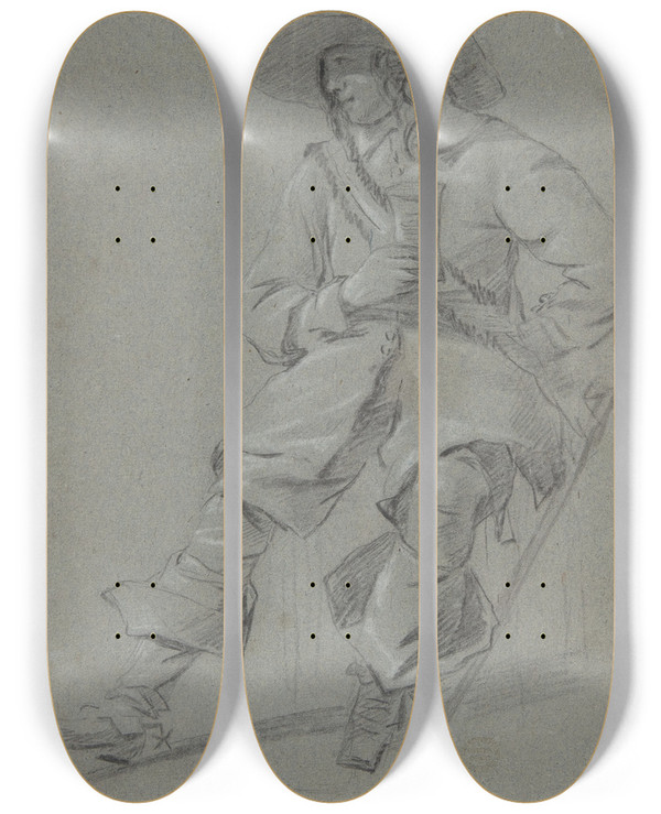 Triptych art skateboard deck of Gabriel Metsu Seated Cavalier With Glass by Gabriel Metsu (1629-1667)