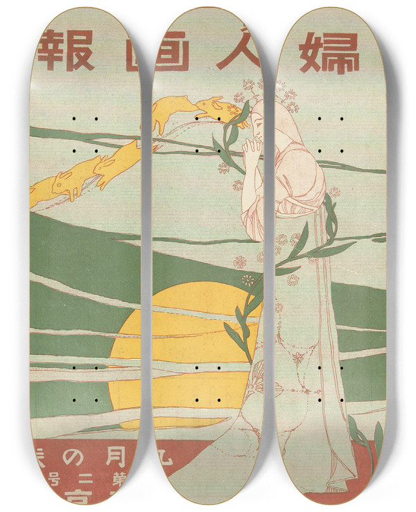 Triptych art skateboard deck of Mitsutani Kunishiro The Ladys Graphic September 1907 by Mitsutani Kunishiro