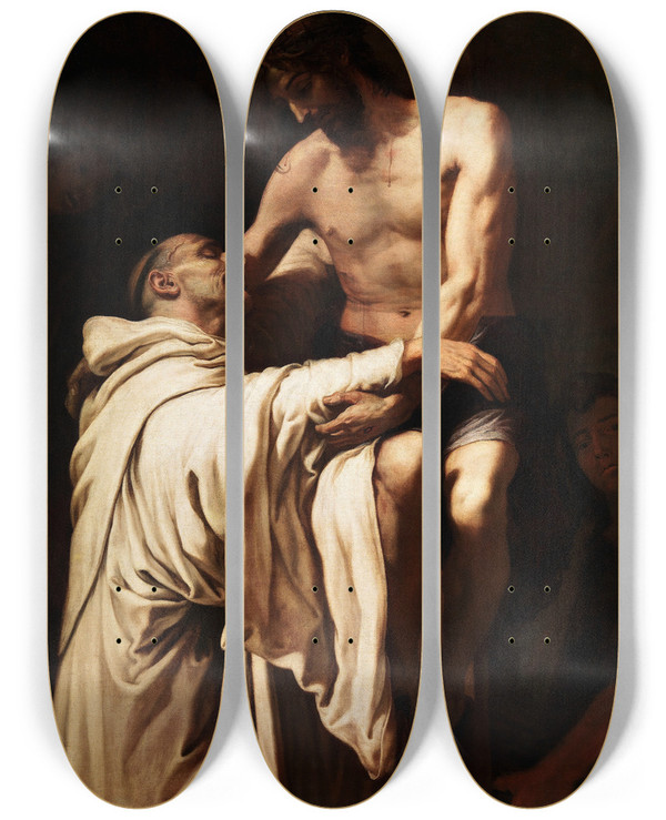 Triptych art skateboard deck of Francisco Ribalta St Bernard Embraces Christ by Francisco Ribalta (1565-1628)