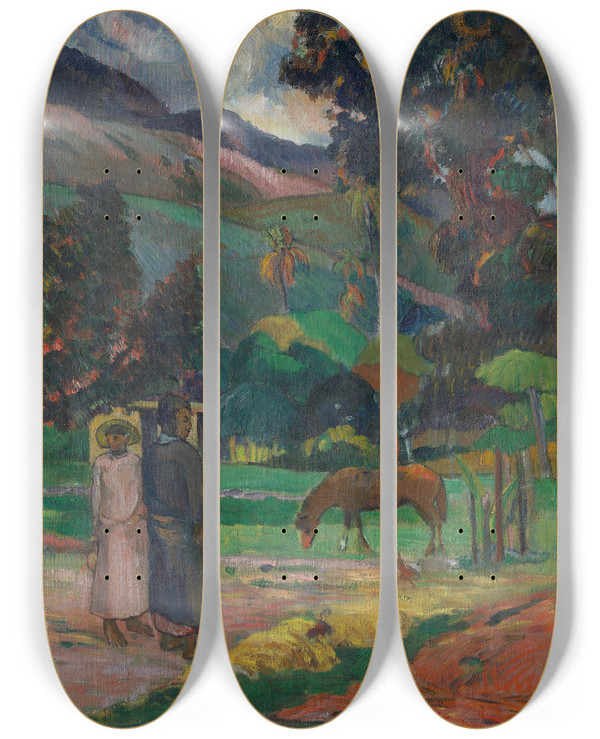 Triptych art skateboard deck of Paul Gauguin Tahitian Landscape_1 by Paul Gauguin (1848-1903)