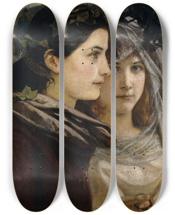 Triptych art skateboard deck of Ernst Stckelberg The Blissful by Ernst Stuckelberg (1831-1903)