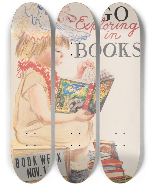 Triptych art skateboard deck of Feodor Rojankovsky Go Exploring In Books Book Week Nov 17 by Feodor Rojankovsky (1891-1970)