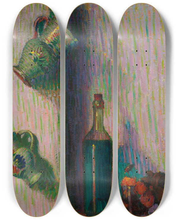 Triptych art skateboard deck of Roderic Oconor Flowers Bottle And Two Jugs by Roderic Oconor (1860-1940)
