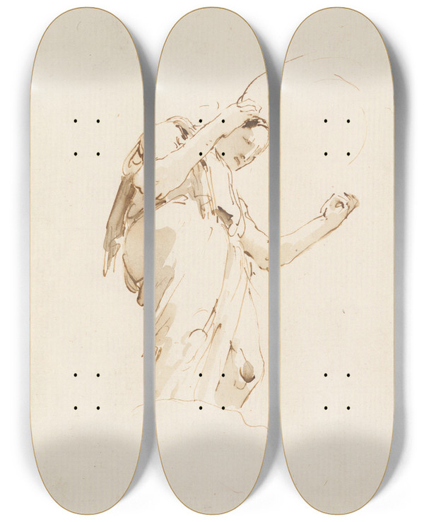 Triptych art skateboard deck of Giovanni Battista Tiepolo Standing Woman Holding A Hoop by Giovanni Battista Tiepolo (1696-1770)