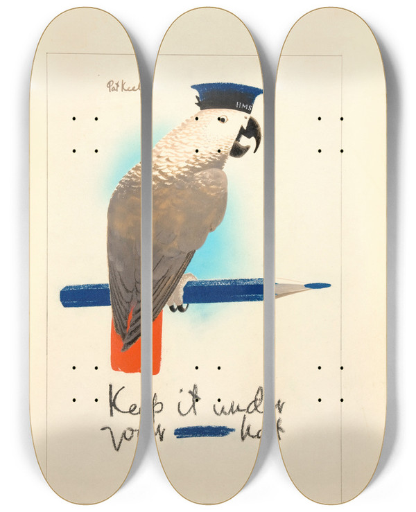 Triptych art skateboard deck of Pat Keely Keep It Under Your Hat by Pat Keely (1901-1970)