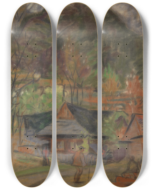 Triptych art skateboard deck of Arnold Peter Weiszkubnan In A Village by Arnold Peter Weisz-Kubnan (1898-1944)