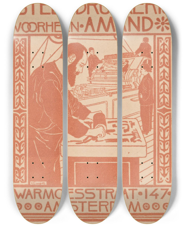 Triptych art skateboard deck of Johann Georg Van Caspel Advertentie Van Steendrukkerij Voorheen Amand by Johann Georg Van Caspel (1870-1928)