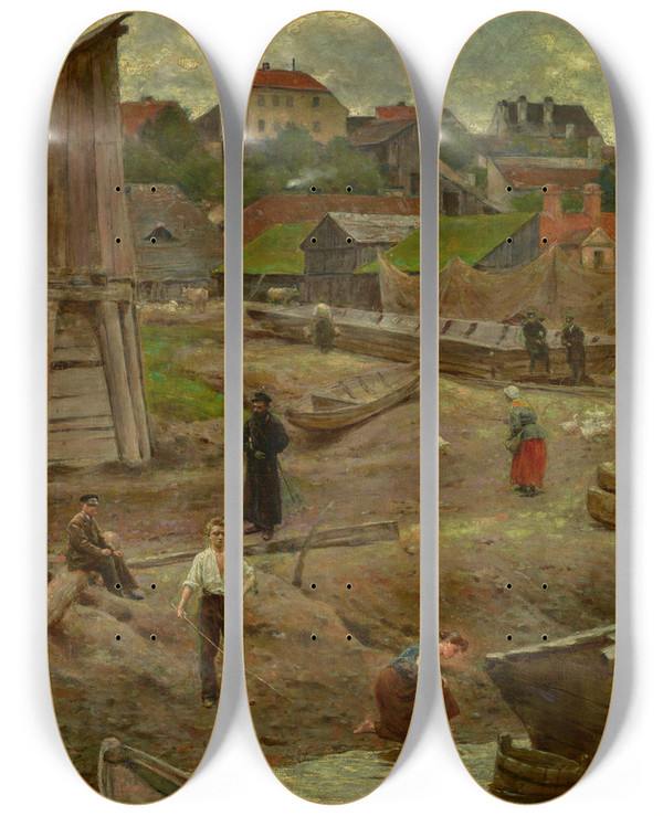 Triptych art skateboard deck of Aleksander Gierymski Powile Bank Of The Vistula In Warsaw by Aleksander Gierymski (1850-1901)