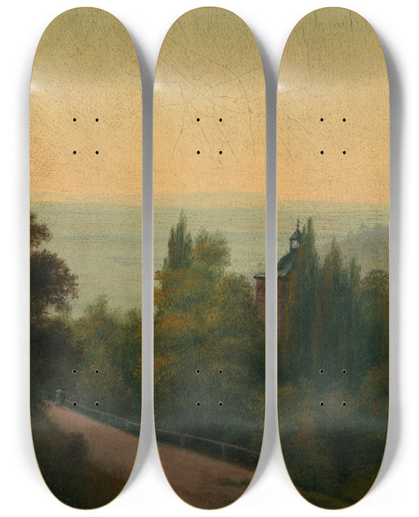 Triptych art skateboard deck of Georg Philipp Schmitt Blick Auf Das Heidelberger Schloss by Georg Philipp Schmitt