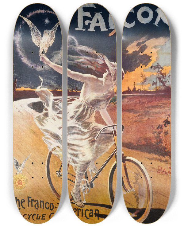 Triptych art skateboard deck of Jean De Paleologue Falcon by Jean de Paleologue (1855-1942)