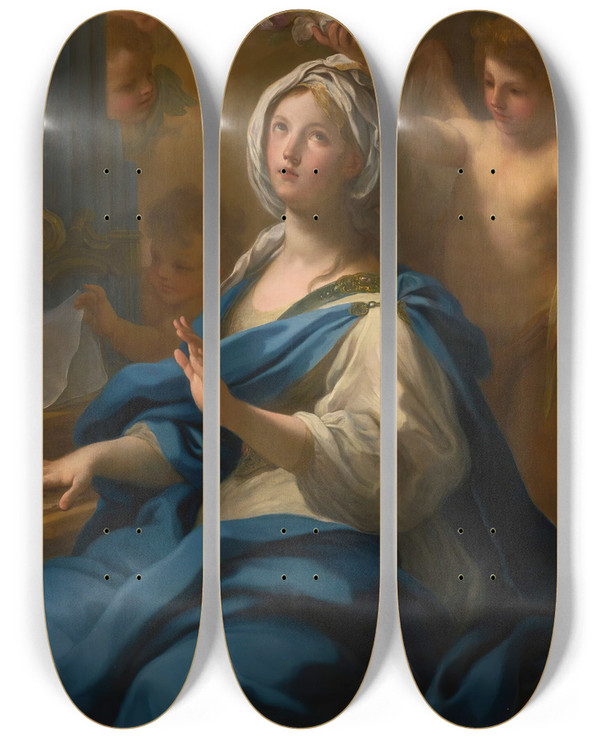 Triptych art skateboard deck of Sebastiano Conca Saint Cecilia Seated At An Organ With Putti And An Angel by Sebastiano Conca (1676-1764)