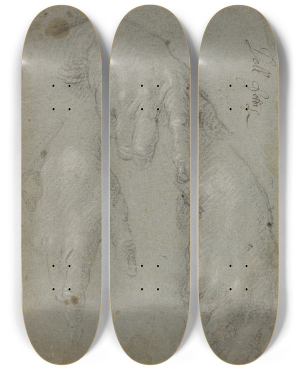 Triptych art skateboard deck of Jacopo Palma Il Giovane Tre Studier Af En Hjre Hnd by Jacopo Palma Il Giovane (1548-1628)