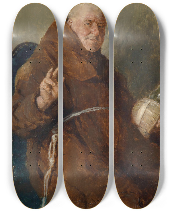 Triptych art skateboard deck of Ernst Karl Georg Zimmermann Frhlicher Mnch by Ernst Karl Georg Zimmermann (1852-1901)