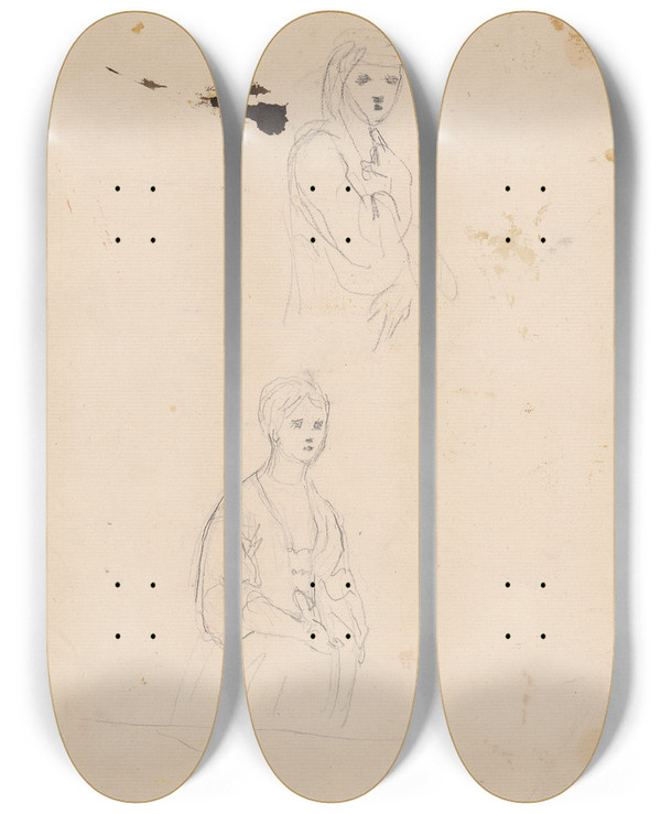 Triptych art skateboard deck of Sir Joshua Reynolds Two Sketches Of Woman_1 by Sir Joshua Reynolds (1723-1792)