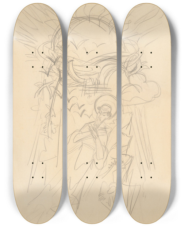 Triptych art skateboard deck of Jn Novk Kompozcia S Figrou Svtca by Jan Novak (1921-1944)