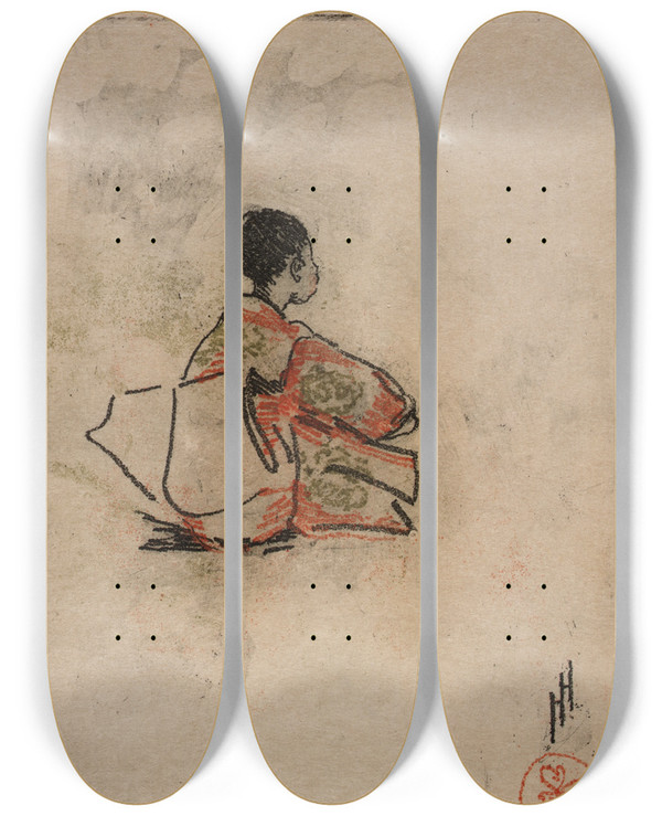 Triptych art skateboard deck of Helen Hyde Little Dancer Of The No by Helen Hyde (1868-1919)