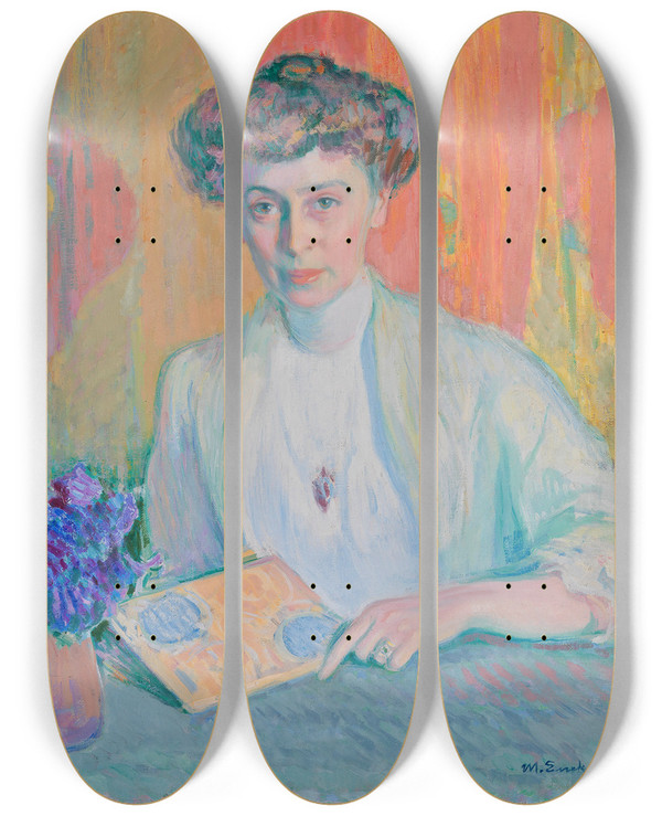 Triptych art skateboard deck of Magnus Enckell Portrait Of Tyra Hasselblatt by Magnus Enckell (1870-1925)