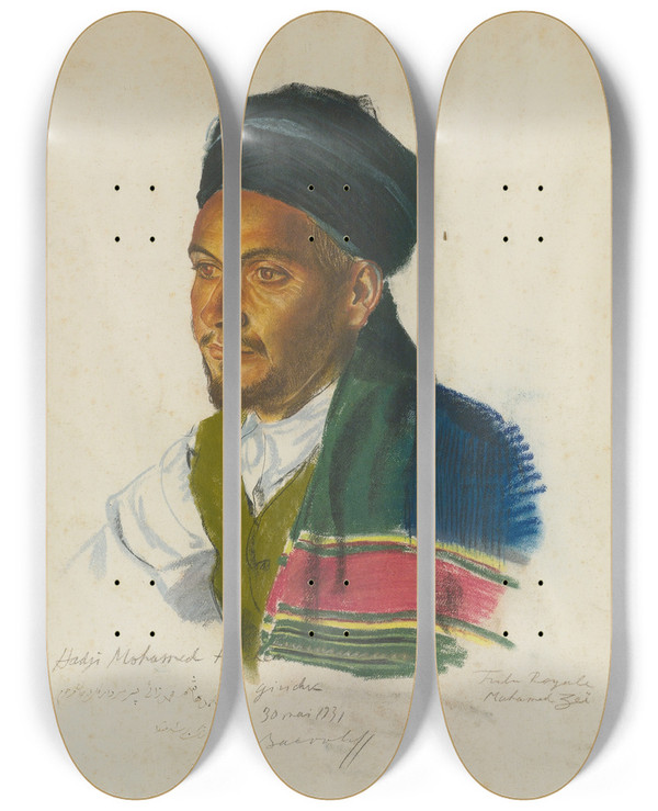 Triptych art skateboard deck of Alexandre Jacovleff Portrait Of Haji Mohamed Hachem by Alexandre Jacovleff (1887-1938)