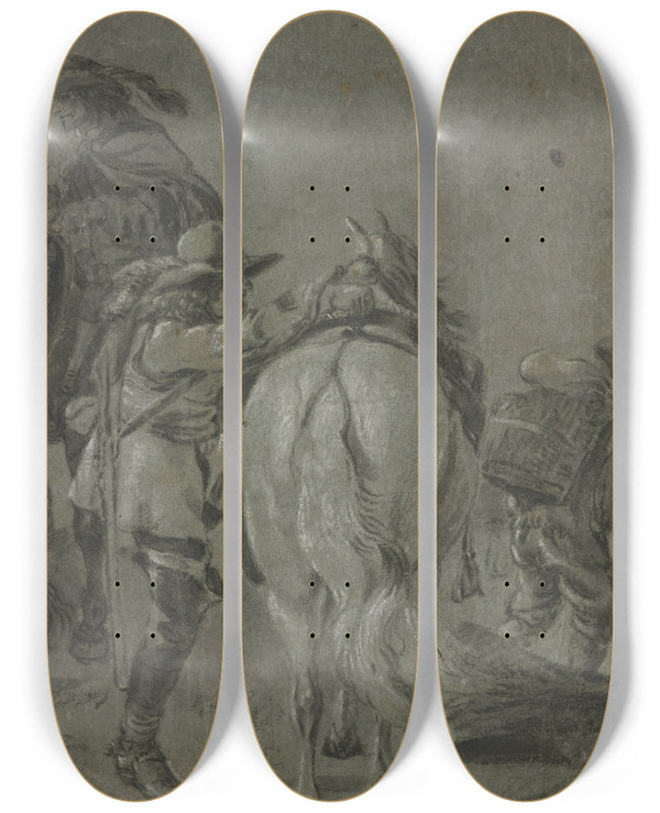 Triptych art skateboard deck of Pieter Van Laer Aufsteigender Reiter Eine Flinte Auf Dem Rcken Dabei Ein Anderer Reiter Und Ein Mann Der Einen Korb Auf Dem Rcken Trgt by Pieter Van Laer (1592-1642)